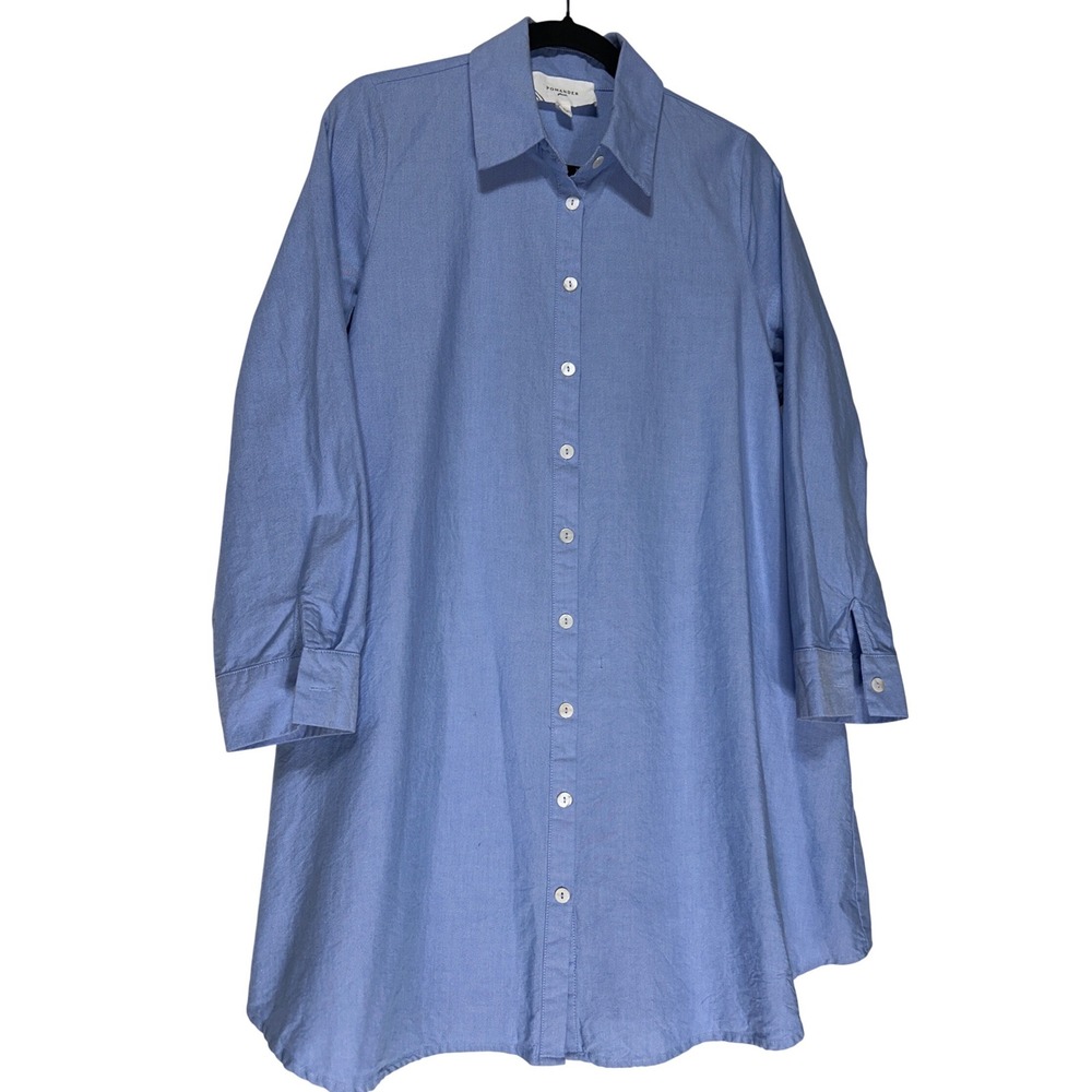Pomander Place Blue Cotton Button Up Long Sleeve Pocket Shirt Dress  Size Medium